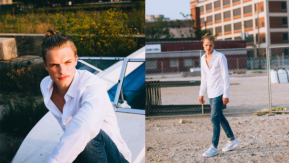 Blonde male modeling, posing during golden hour, Madison Wisconsin